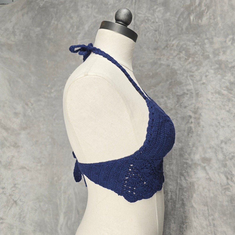 Handmade Crochet Halter‎ L Crop Top Navy Blue Cotton Knit Boho Bralette Festival - Picture 4 of 10
